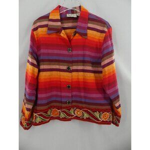 Vtg Tantrums Small Blazer Jacket Rainbow Stripe Floral Detail Boho Cardigan